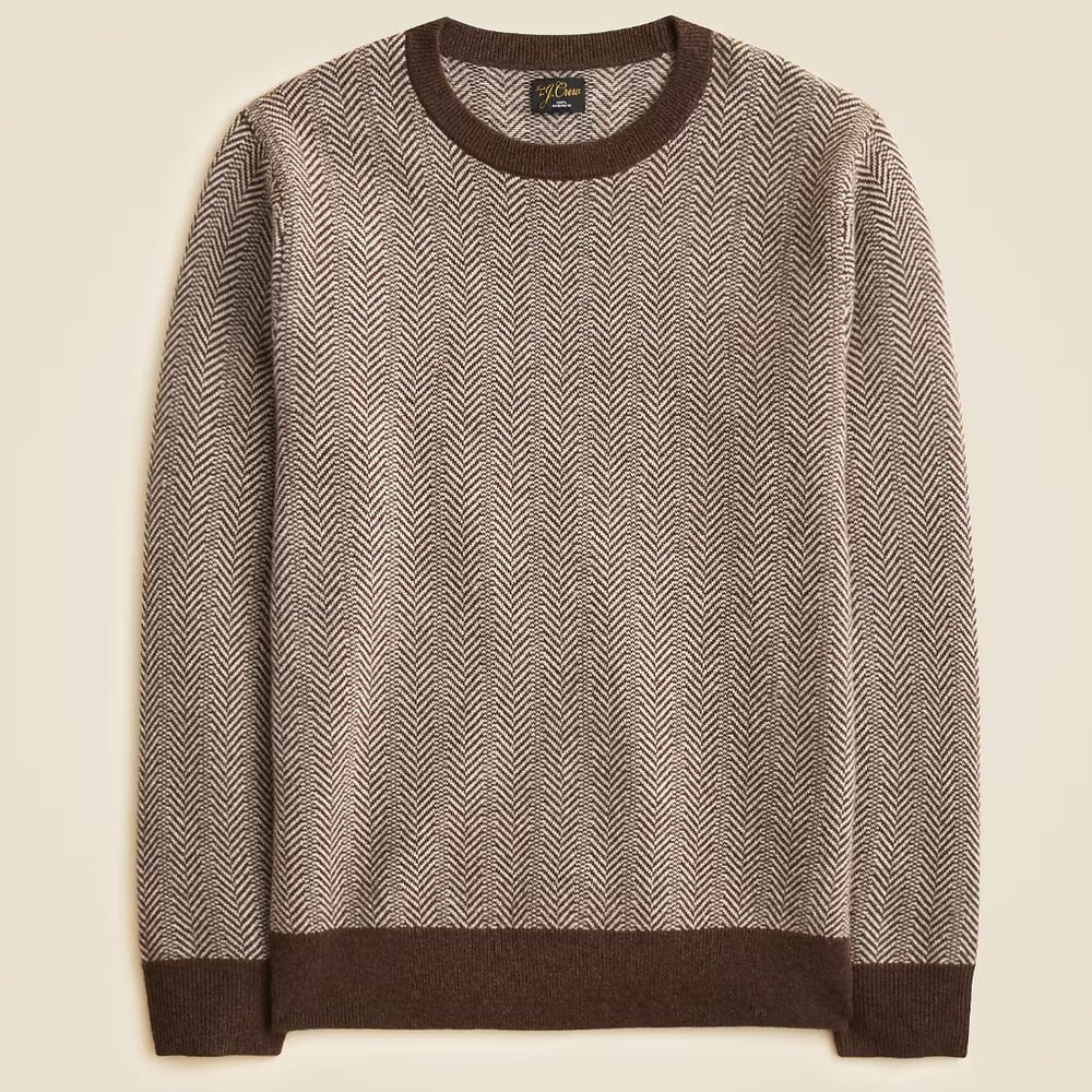 J Crew Cashmere Sweater Mens Brown Tan Herringbone Crew Neck Pullover